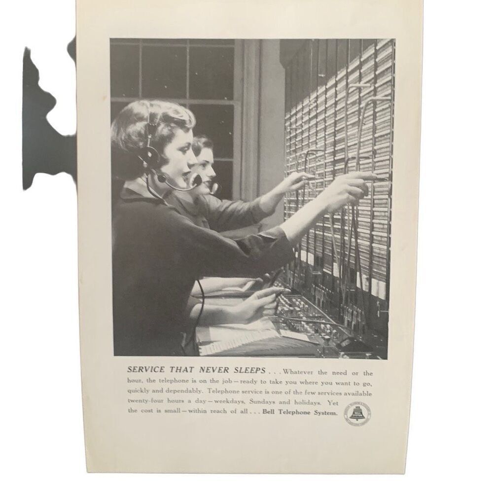 Vintage 1950 Bell Telephone System Service Never Sleeps Ad Advertisement